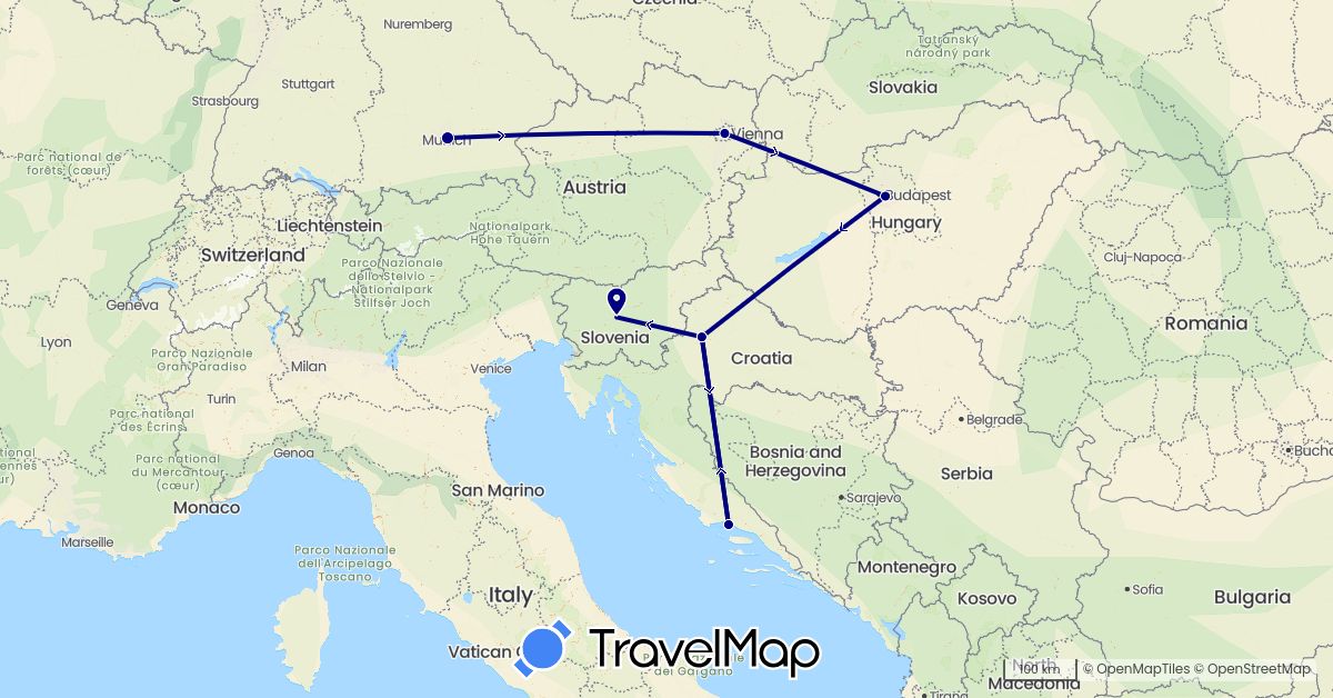 TravelMap itinerary: driving in Austria, Germany, Croatia, Hungary, Slovenia (Europe)